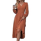 Mettclasi Women's Spring Fall Swiss Dot V Neck Maxi Dress Casual Puff Long Lantern Sleeve A-Line Flowy Dress