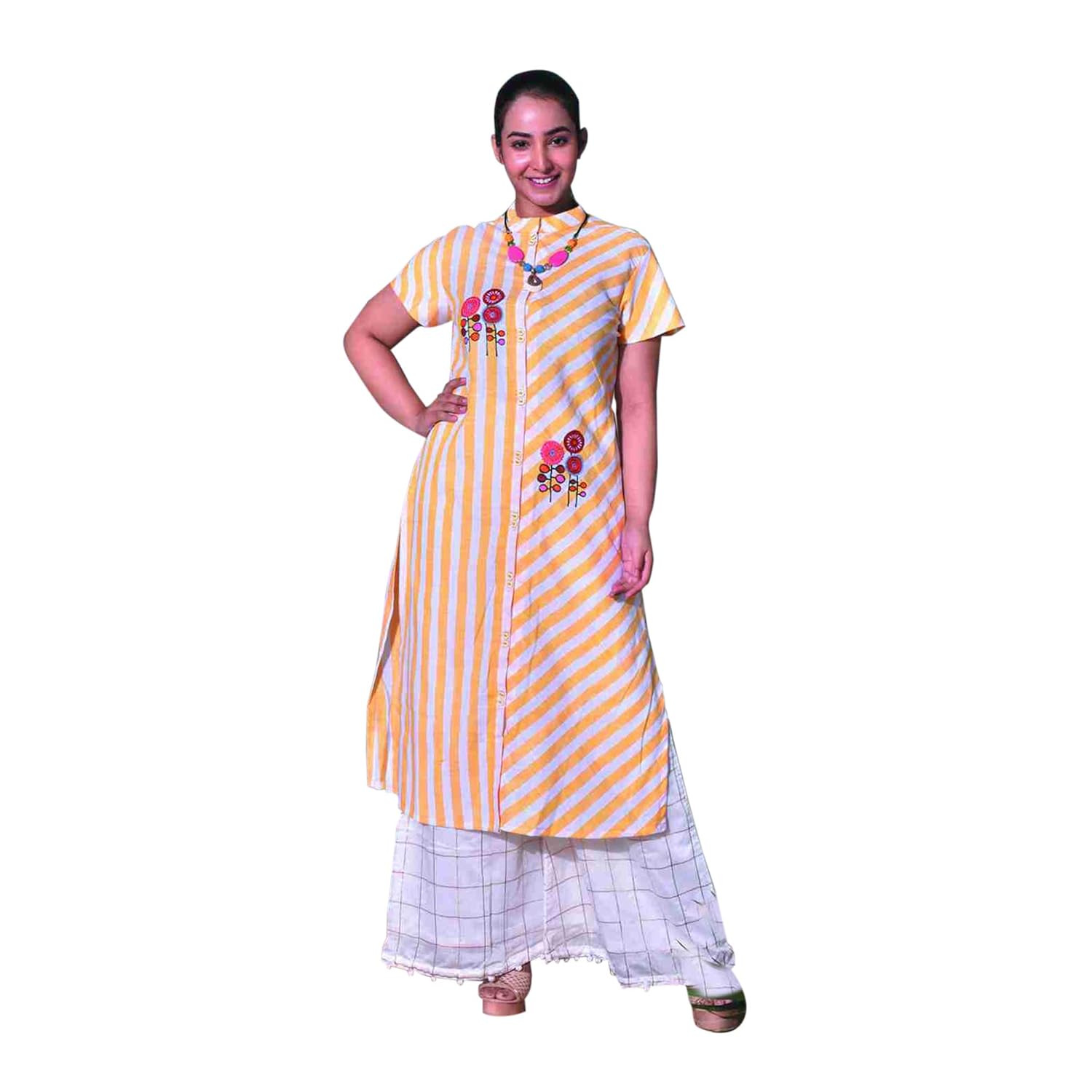 Buy Dhunki Fashions Chinese Collar Kurti for Women Yellow (Medium) at