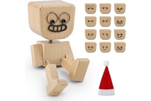 beuhugas 1PCS Shaking Feet Wooden Doll, Tiny Wooden Shaking Man Doll with Spring Legs with 12pcs Magnetic Expressions Funny C