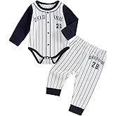 KMBANGI Newborn Baby Boys Baseball Outfit Long Sleeve Stripe Letter Print Bodysuit Jogger Pants 2PCS Set Clothes