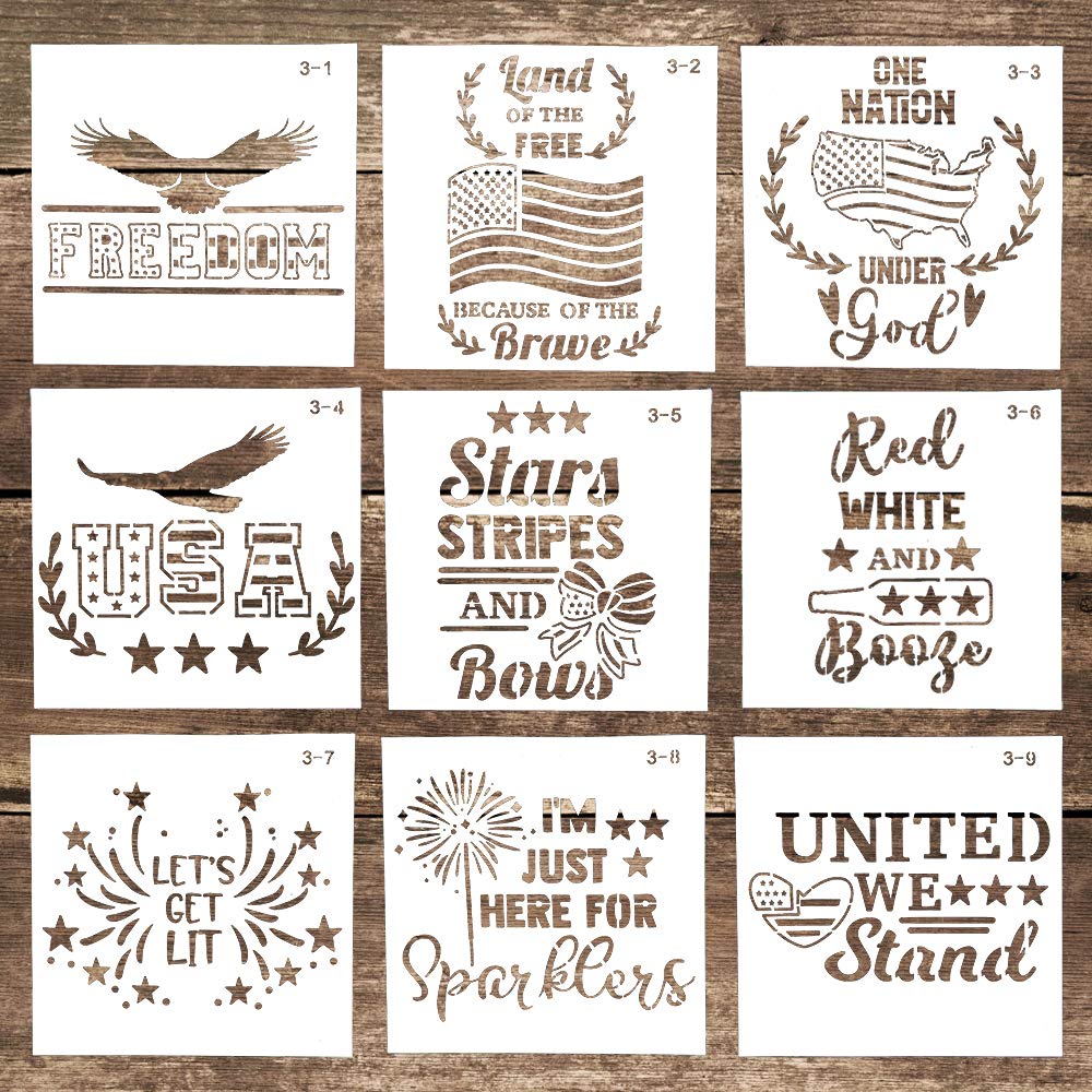 Decorative American Flag Stencil Templates Reusable Painting Stencils for DIY Crafts Scrabooking Painting on Wood,Canvas,Floor,Wall and Tile (5.9 x 5.9 Inch),Set of 9