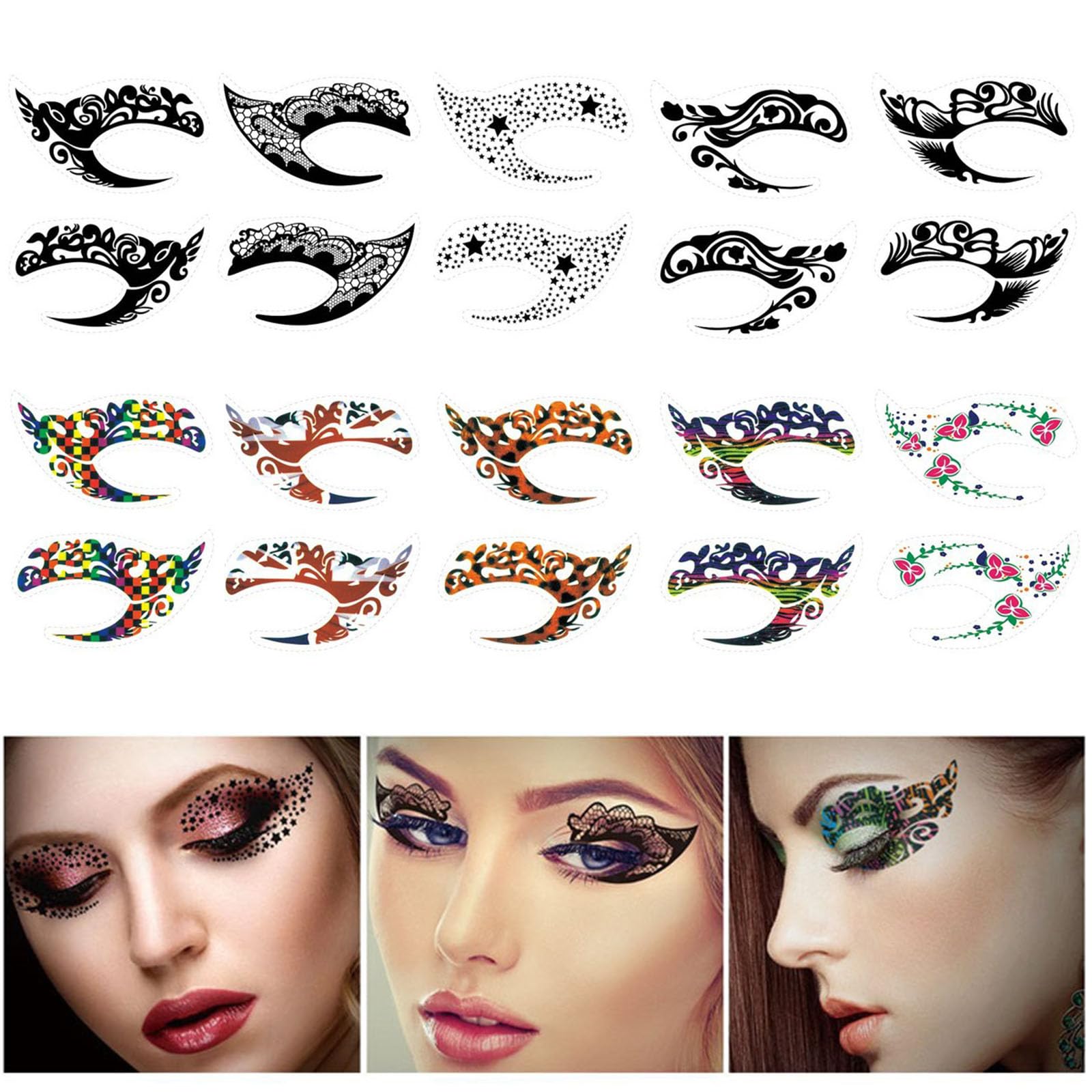 Photo 1 of 10 Sheets Eyeshadow Face Tattoo Stickers for Women's Makeup, Waterproof Transfer Lace Eye Shadow Eyeliner Tattoos for Halloween Christmas Stage Masquerade Party