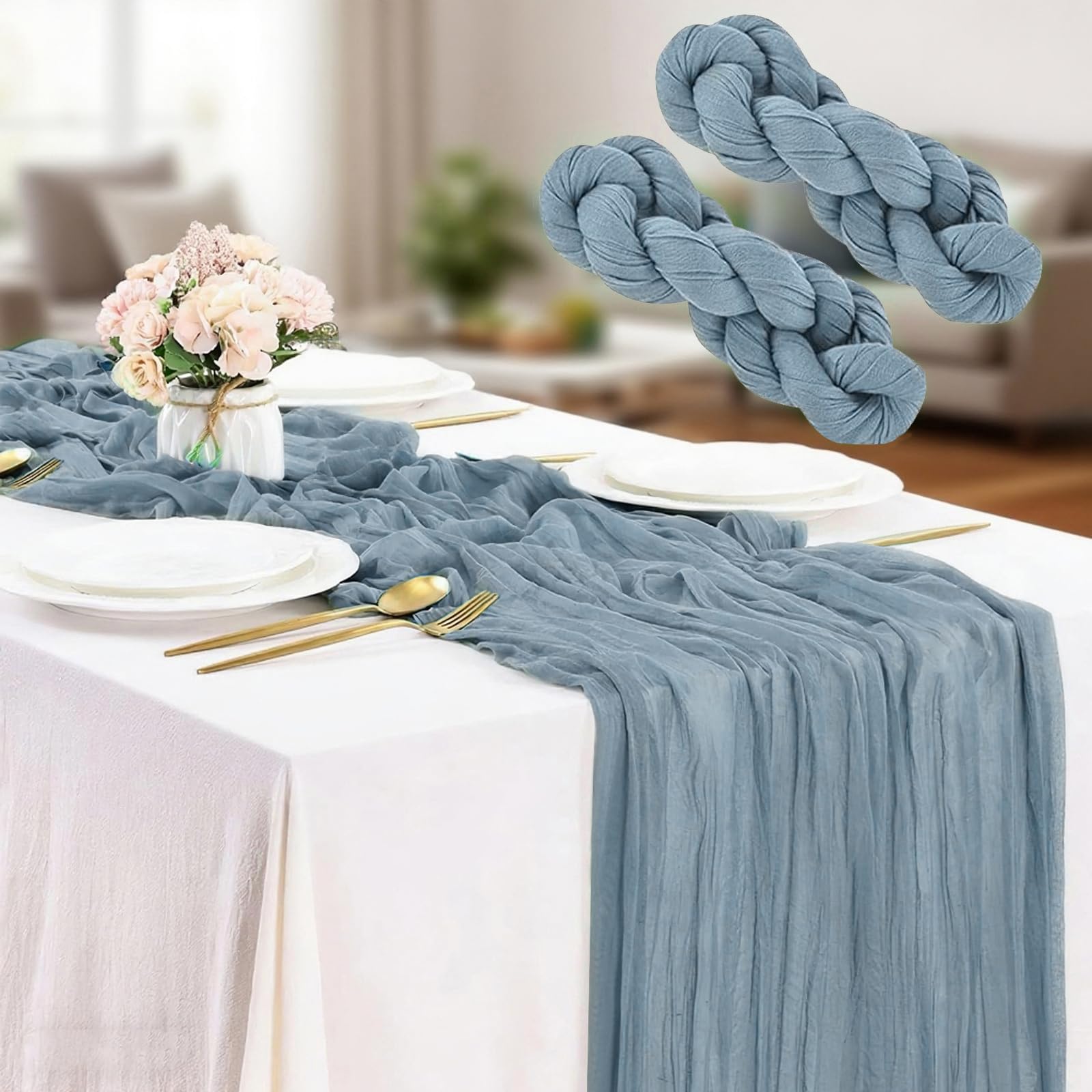 Photo 1 of 2Pcs Cheesecloth Table Runner 35x120 Inch Cheese Cloth Table Runner 10FT Long Boho Gauze Table Runners for Wedding Bridal Birthday Party Baby Shower Spring Easter Decor, Dusty Blue