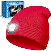 FFIPBGE Christmas Stocking Stuffers for Men Adults, Beanie Hats with Light, USB Rechargeable LED Hand Free Headlamp, Birthday Gifts for Men, Women, and Teens, Ideal for Camping, Hiking, Red