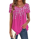 Zeagoo Women Tunic Tops Dressy Casual Summer Short Sleeve Shirts Floral Loose Fit Pleated Boho Top S-XXL