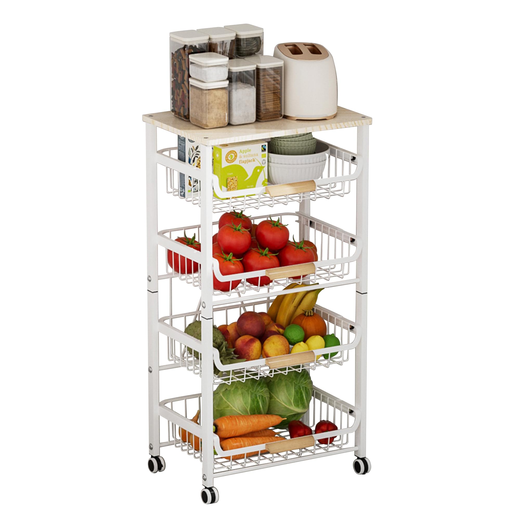 Photo 1 of (assembly required) Tikxlafe 5-Tier Pull-Out Kitchen Storage Cart on Wheels, Fruit Basket, Bedroom Kitchen Organizer, White, 17x11.9x33.66 inches