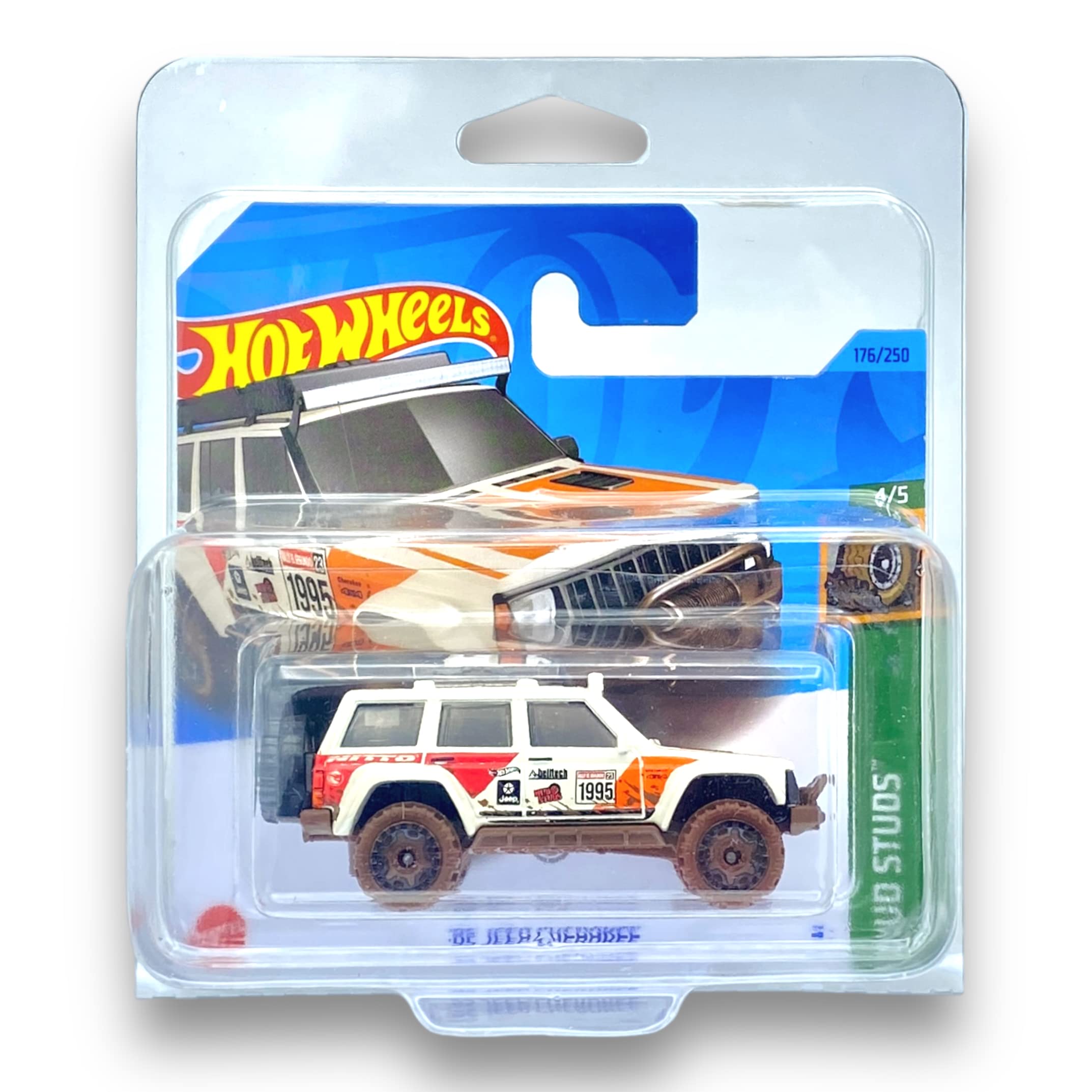 Hot Wheels '95 Jeep Cherokee (White, Brown, Orange & Red - TREASURE HUNT) 4/5 Mud Studs - 2023-176/250(Short Card) - COMES IN A KLAS CAR KEEPER PROTECTIVE COLLECTORS CASE - HKL02