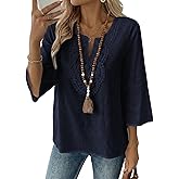 EVALESS Boho Tops for Women Blouses Dressy Casual V Neck 3/4 Sleeve Shirts Spring Outfits Trendy Vacation Clothes
