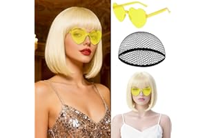MEEZY Blonde Short Bob Wigs Straight Hair with Flat Bangs Heart Shape Sunglasses for Women, Colorful Funny Cosplay Party Neon Wig Synthetic Natural As Real Carnival Halloween Costume Party Favors