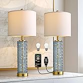 Oneach 27.75” Table Lamps Set of 2, Blue Modern Bedside Lamp with LED Night Light, USB A+C, Glass Lamps for Living Room, Bedr