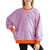 Bkixhv Girls Oversized Sweatshirt Striped Color Block Crewneck with Pockets Pullover Tops Long Sleeve Shirts 7-14 Years