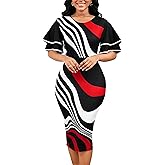 Women Sexy Dresses Bodycon Church 3/4 Sleeve African Print Pencil Party Office Dress Work with Split