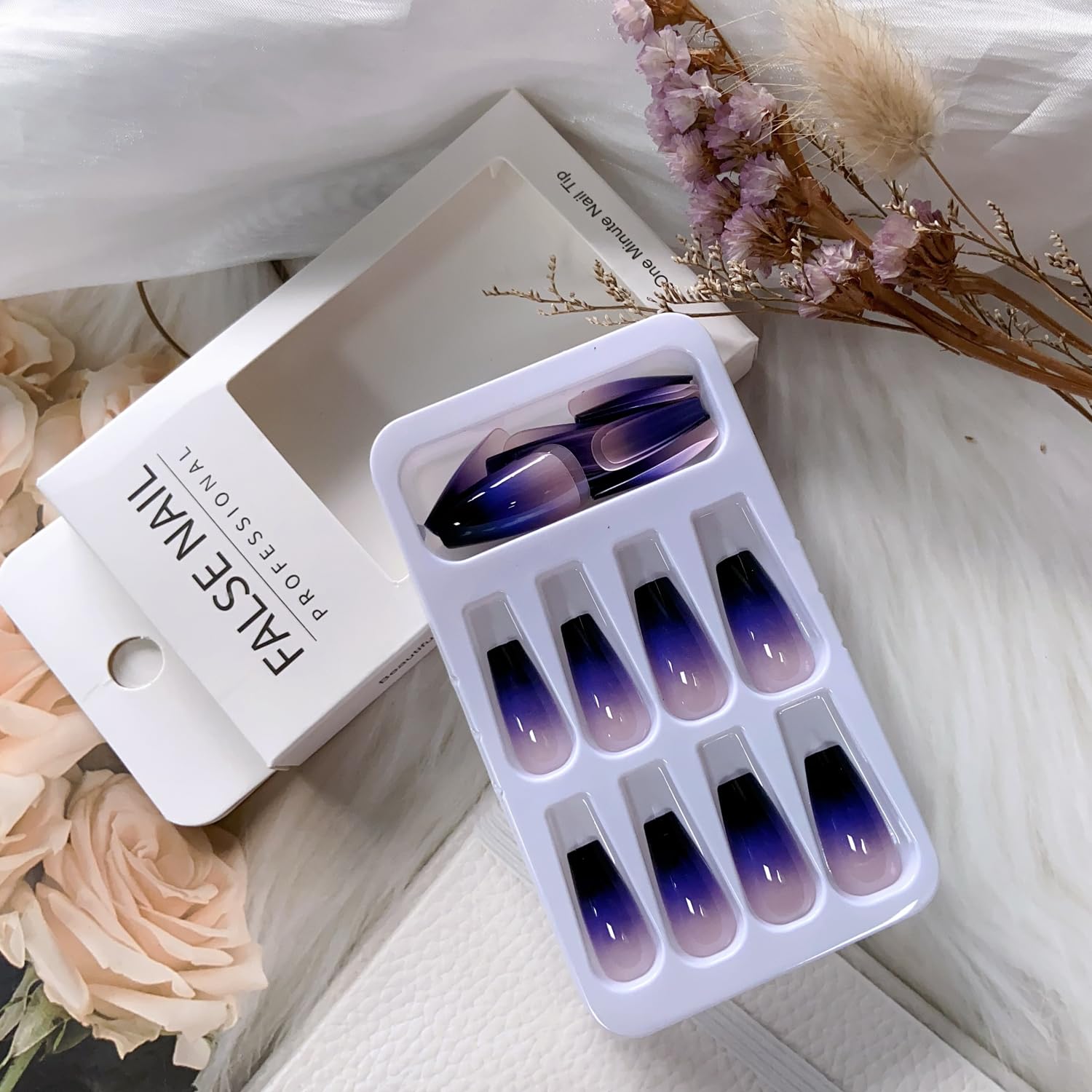 Long Press on Coffin Fake Nails - Purple and Black Gradient French Press on False Acrylic Nails - Full Cover Glossy Glue on Medium Reusable Artificial Stick on for Women Girls - Image 7