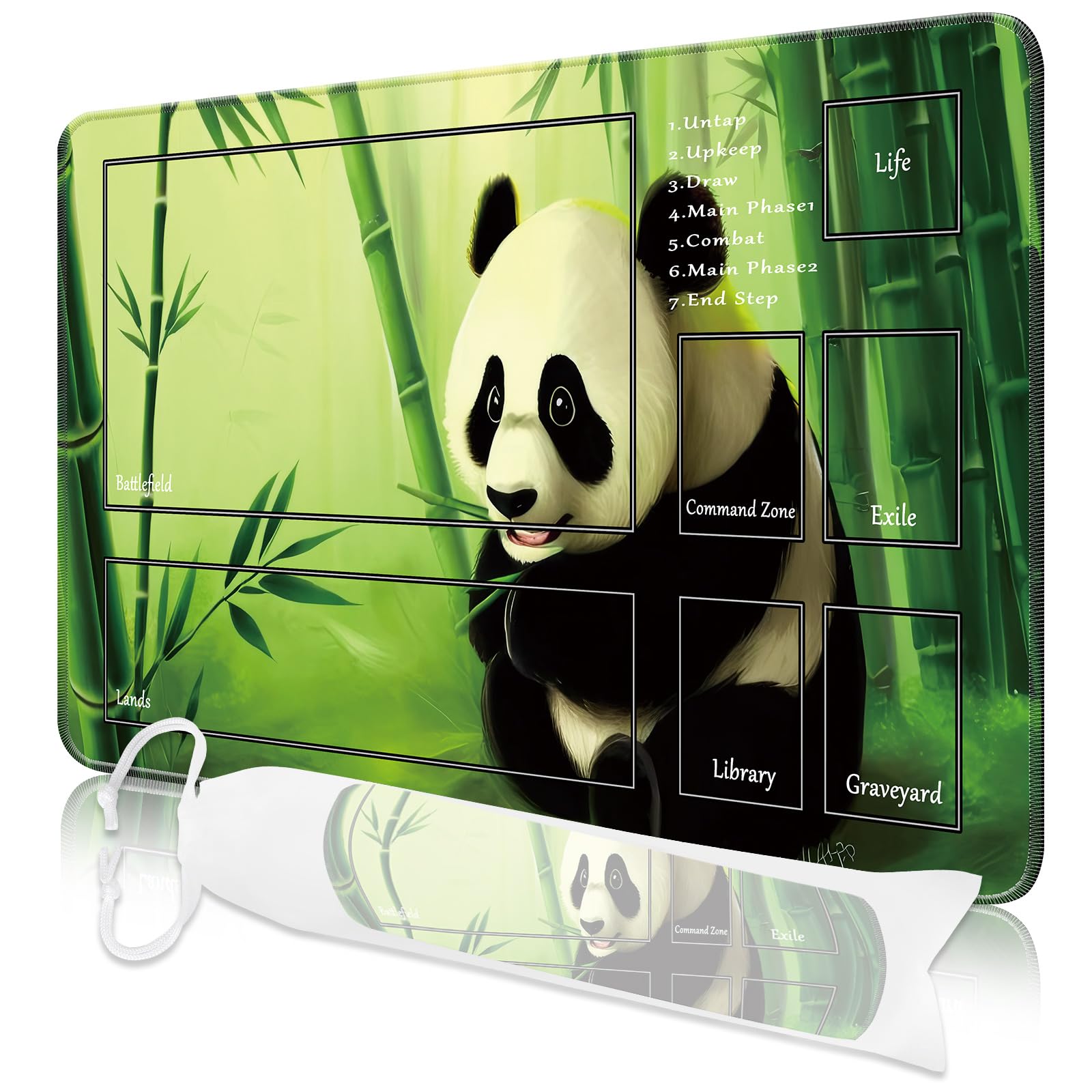 Nkddert MTG Spielmatte, 24x14in TCG Karte Spielmatte genähte Kanten MTG Commander Spielmatte 3mm dickes wasserdichtes MTG Spielmatte mit Zonen mit Aufbewahrungstasche（Panda Motive）