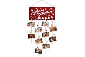 Aucpod Christmas Card Holder Wooden Merry Christmas Wall Hanging Picture Holders with 30 Snowflake Wooden Clips Picture Holder for Xmas Greeting Card Display for Christmas Home Party Wall Decor (Red)
