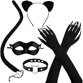 Black Cat Costume for Women Cat Ears and Tail Costume Accessories Halloween Masquerade Mask Gloves Ears Tail Choker Necklace for Women Halloween Cats Cosplay Party Supplies, 5 Pcs