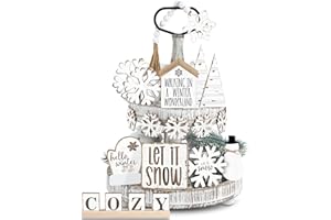 GlikCeil 19 Pcs Neutral Winter Tiered Tray Decor Sets Cozy Snowflakes Wooden Signs Tiered Tray Decor Rustic Farmhouse Decoration for Winter Xmas Home Tabletop(Rustic)