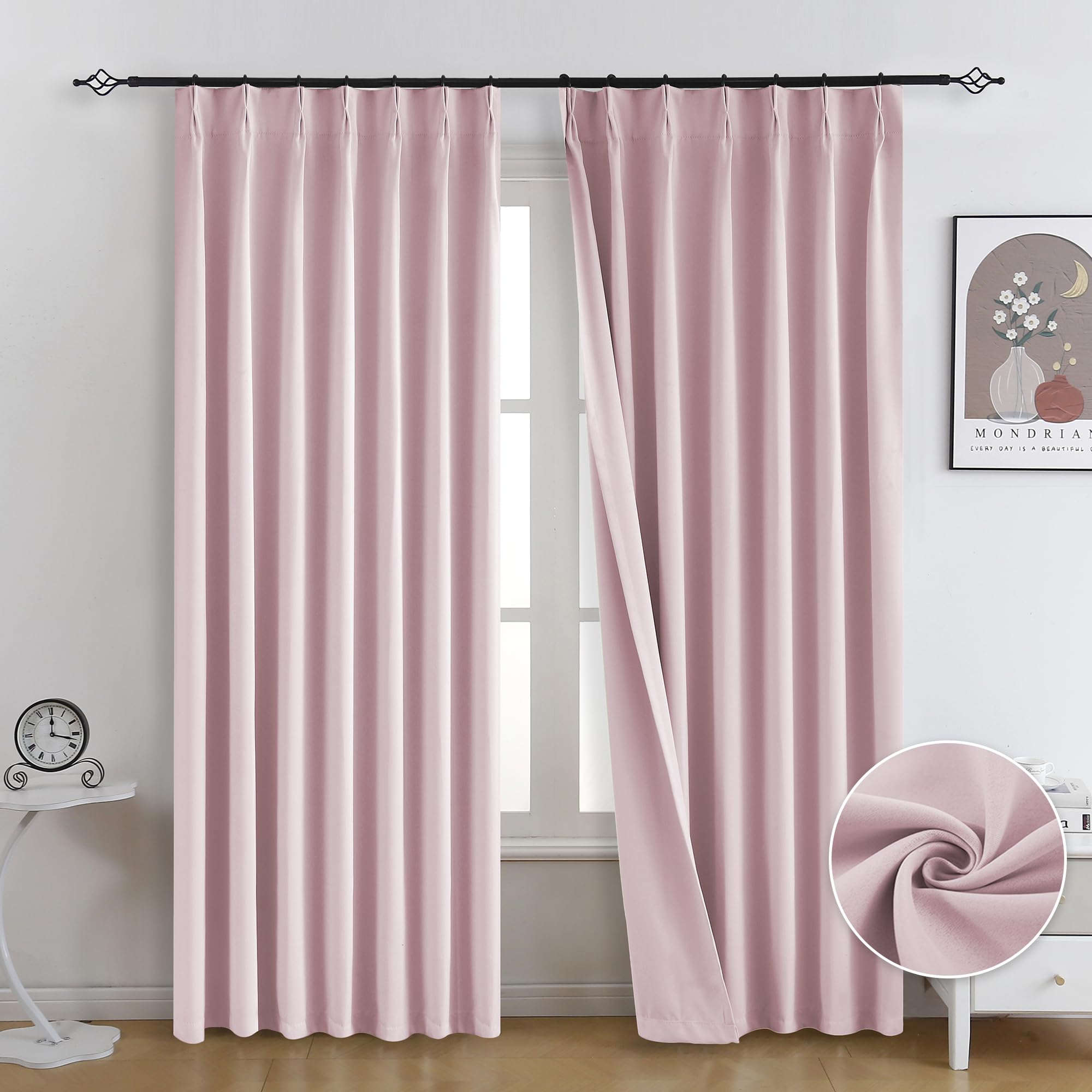 Photo 1 of Fazhesici Pink Pleated Full Blackout Curtains 96 inches Long Black Out Curtains for Bedroom Thermal Insulated Pinch Pleat Drapes with Hooks 2 Panel 40" Wx96 L