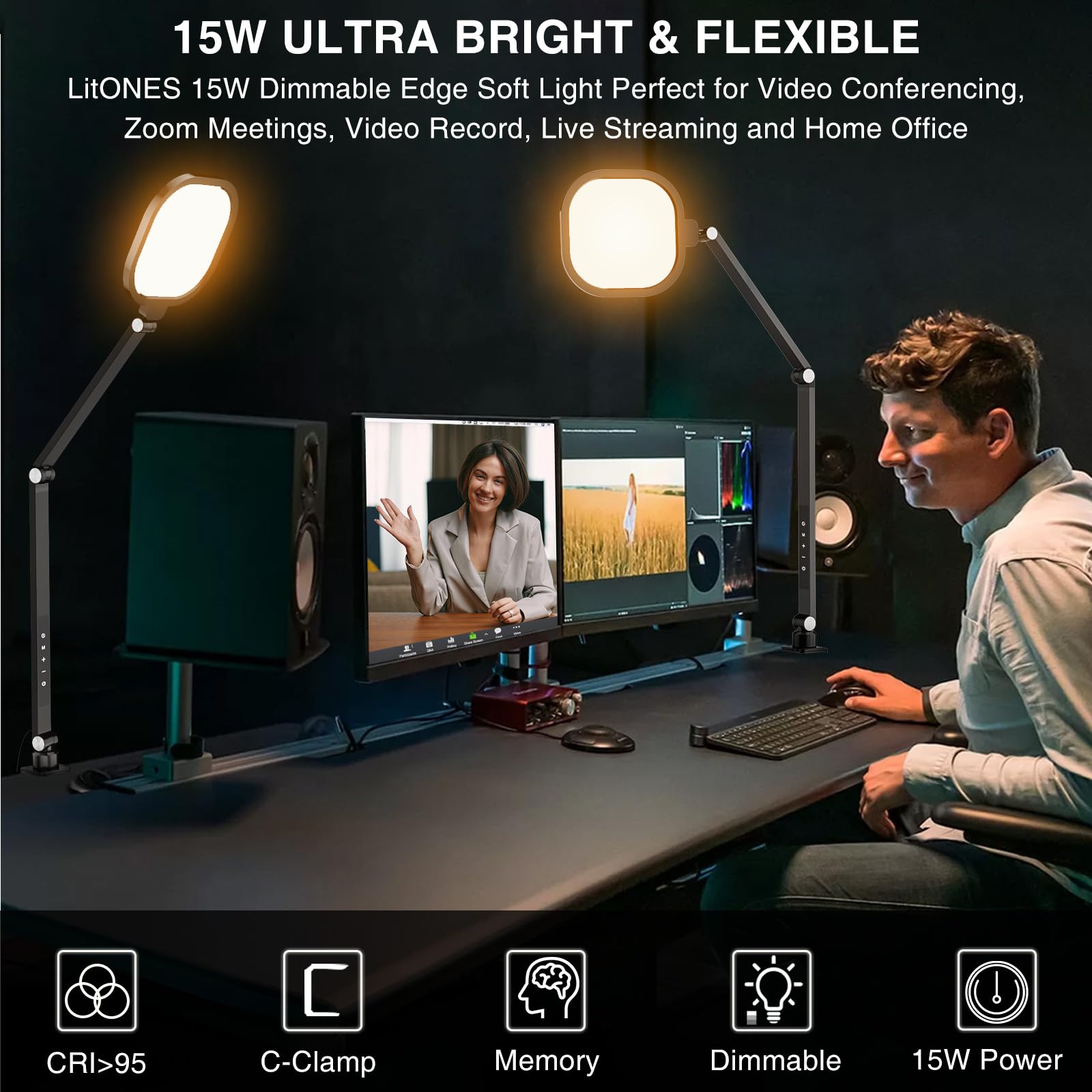 LitONES Video Conference Light Zoom Lighting for Computer, 15W Desk Light for Zoom Meeting Video Recording Live Streaming, Webcam Light with C-Clamp Memory & Timing CRI＞95