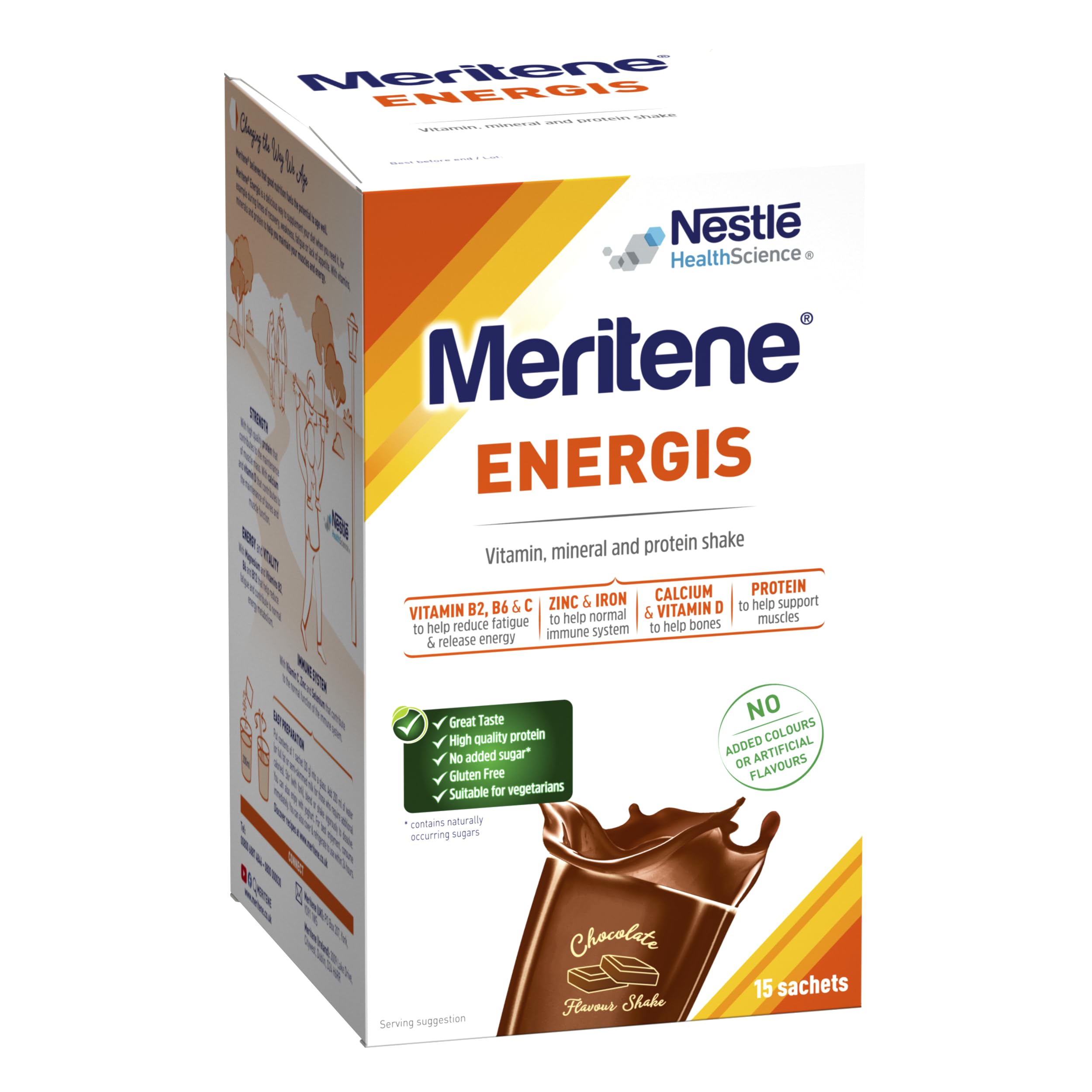 Meritene Energis Chocolate Protein Shake | 30g Powder Sachets, Pack of 15 | Nutritional Support Mix with Proteins and Minerals | With Vitamin D, B & K