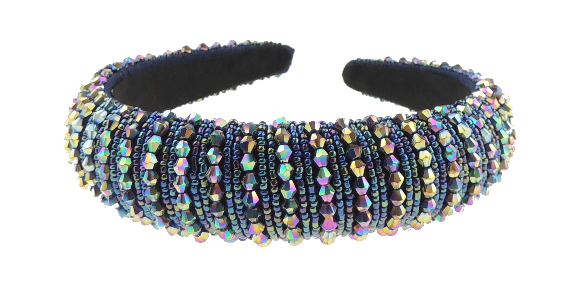 Womens Sparkly Beaded Rhinestone Embellished Jeweled Crystal Studded Wide Bump Thick Padded Evening Occasion Christmas Birthday Wedding Bridal Party Headband Hair Alice Band Hairband (Black AB Multi)