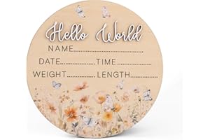 CUNCUN Hello World Wooden Baby Birth Announcement Sign – Floral Butterfly Name Plaque with 3D Lettering – Baby Stats Board for Newborn Photo Prop or Nursery Decor
