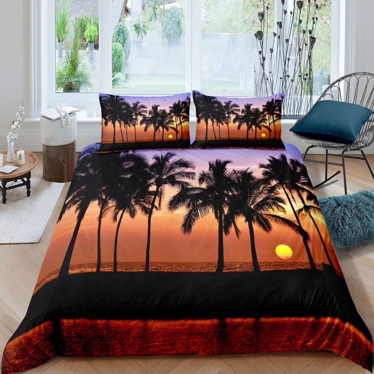Palm Trees Comforter Cover Sunset Duvet Cover Hawaii Room Decor Bedding Set For Kids Boys Girls Teens With Zipper Closure (1 Duvet Cover 2 Pillow Cases),Double Size — image 1