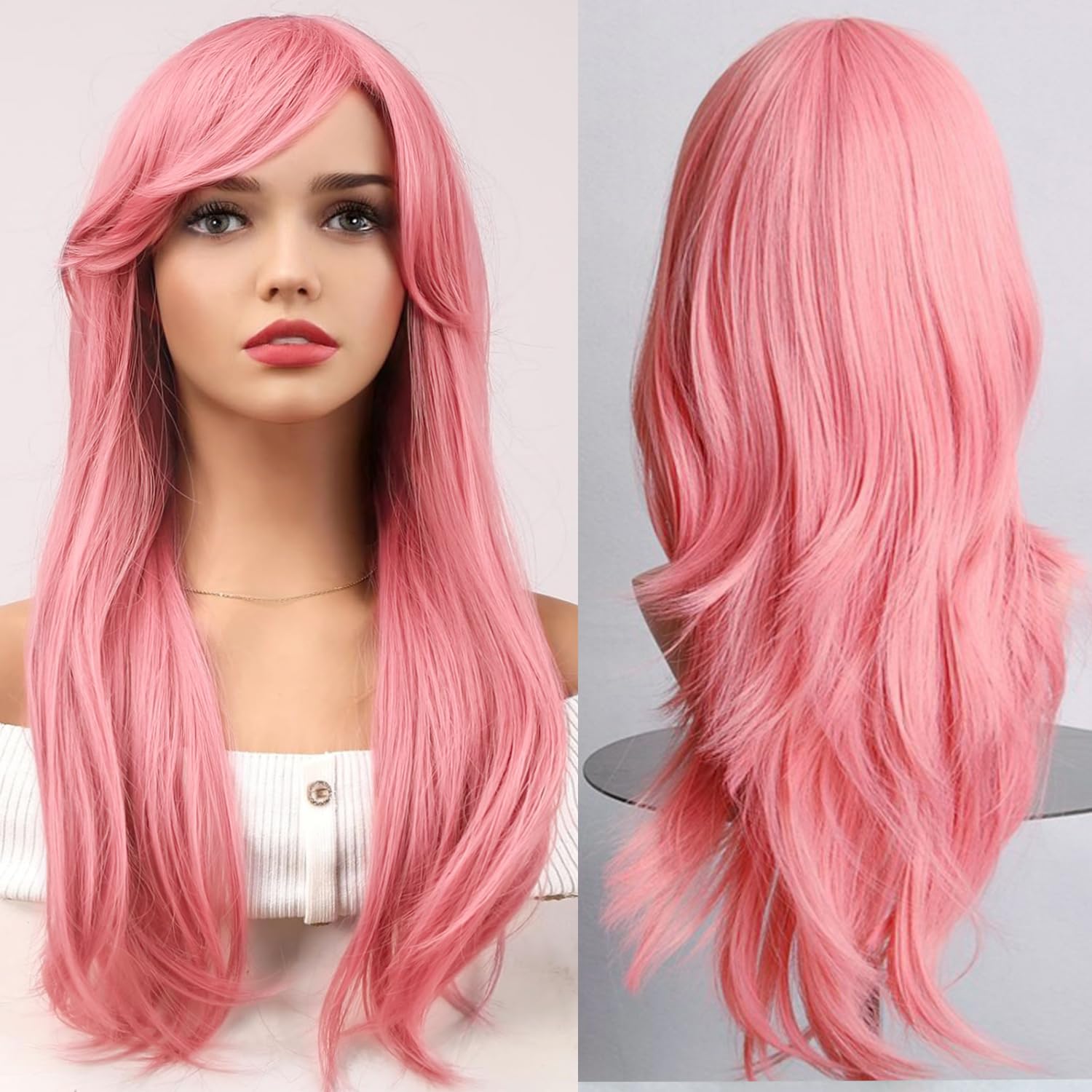 colorfulpanda Long Curly Full Hair Wig Anime Cosplay Halloween Costume Party Synthetic Wigs for Women (28inch Pink)