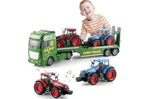 ANJARU 25" Semi Truck Farmer Truck Trailer Friction Powered Vehicles, 3 in 1 Includes 2 Farmer Tractor Push & Go Farming Toys Playset for Boys Kids Toddlers Age 3+