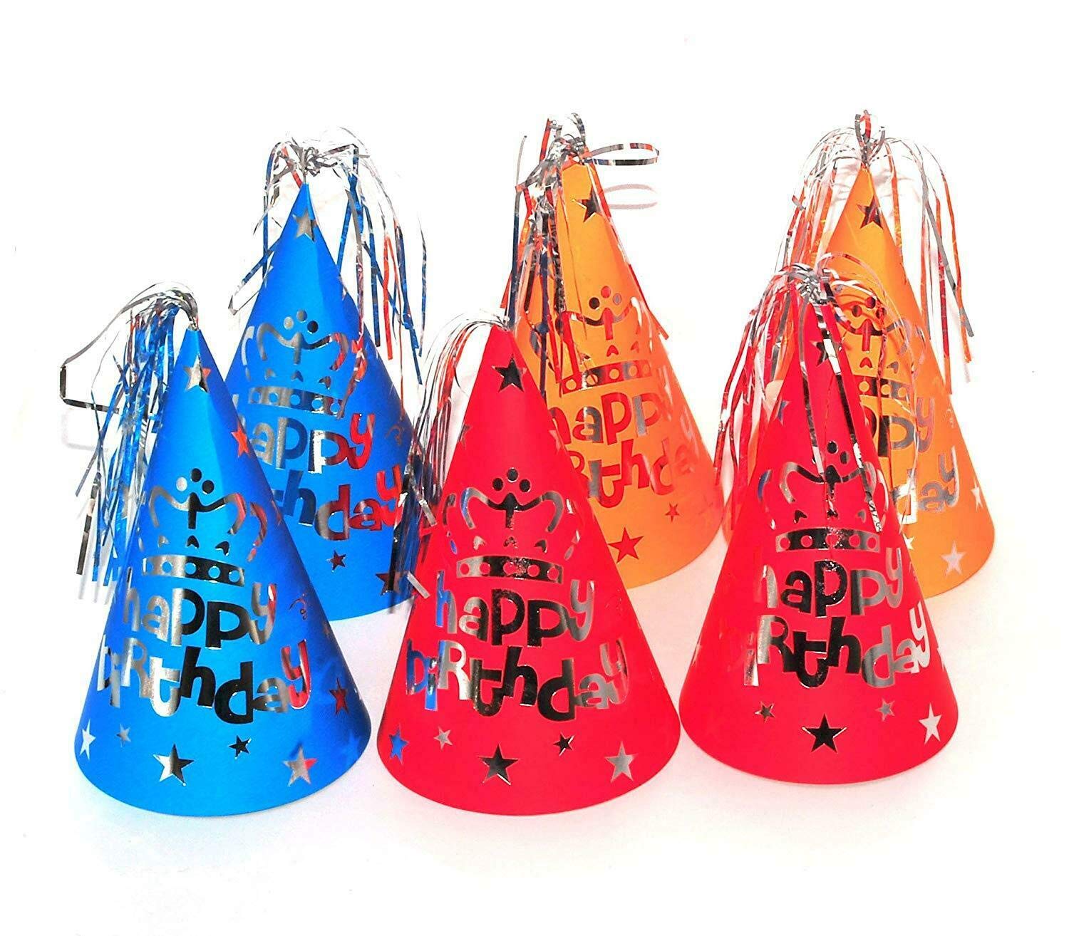 Happium Happy Birthday Party Hats Paper Cone with Foil Top Pack of 10, Colorful Festive Caps for Fun Celebrations
