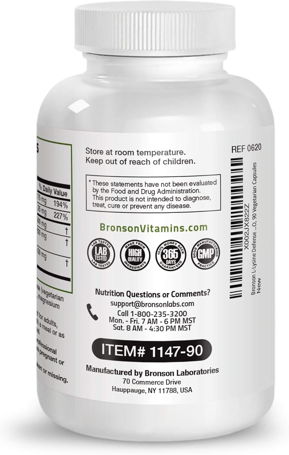 Bronson L-Lysine Defense Immune Support Complex 1500 MG L-Lysine Plus Olive Leaf, Garlic, Vitamin C and Zinc - Non-GMO, 90 Vegetarian Capsules: Health & Personal Care