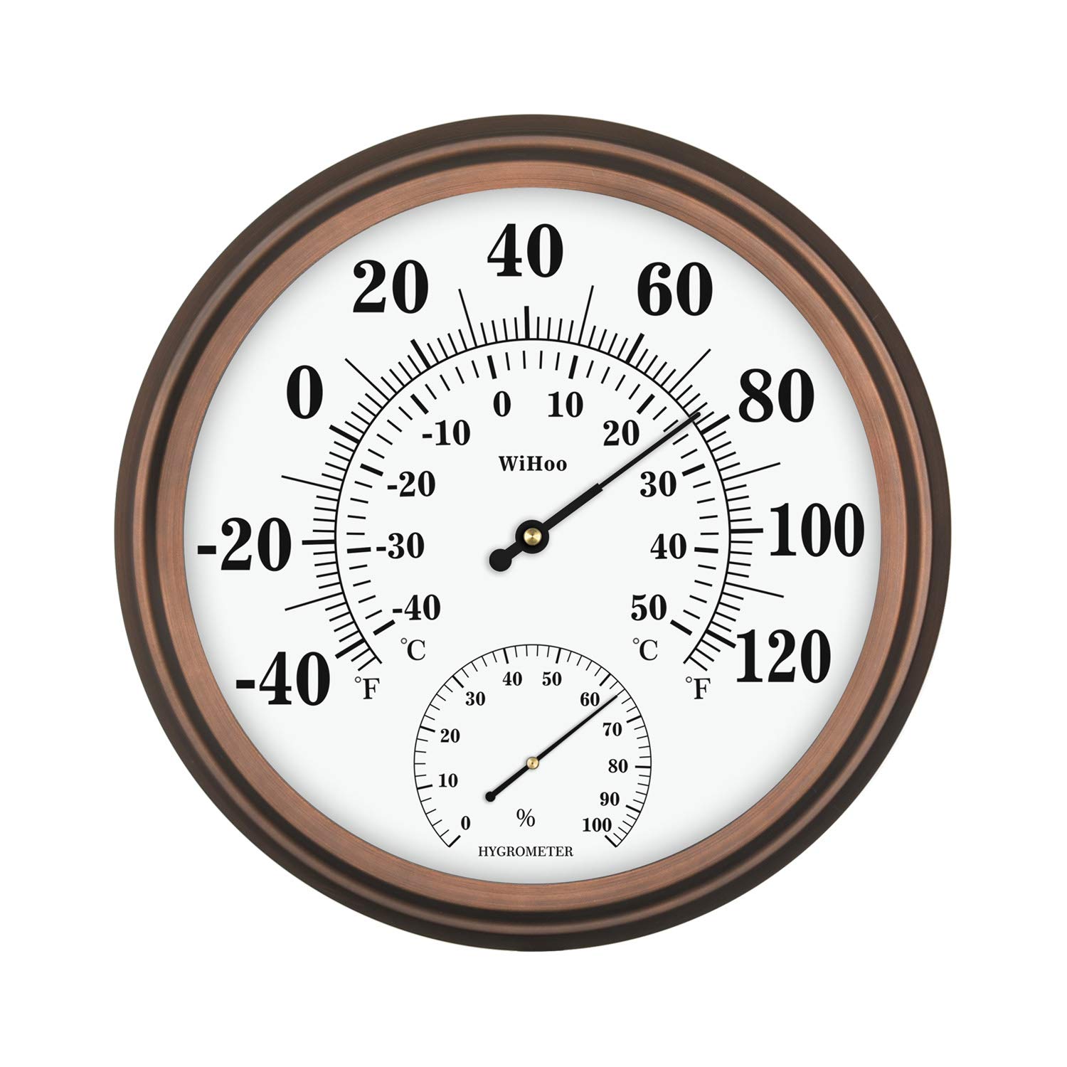 WiHoo 15 Inch Indoor/Outdoor Thermometer with Hygrometer Stainless Steel Enclosure Decorative Wall Thermometer for Patio,Porch ,Kitchen,Bed Room,Living Room,Study Room,Office Room (CT-03)