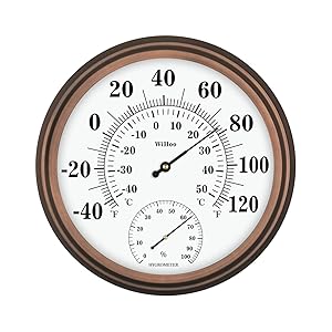WiHoo 15 Inch Indoor/Outdoor Thermometer with Hygrometer Stainless Steel Enclosure Decorative Wall Thermometer for Patio,Porch ,Kitchen,Bed Room,Living Room,Study Room,Office Room (CT-03)