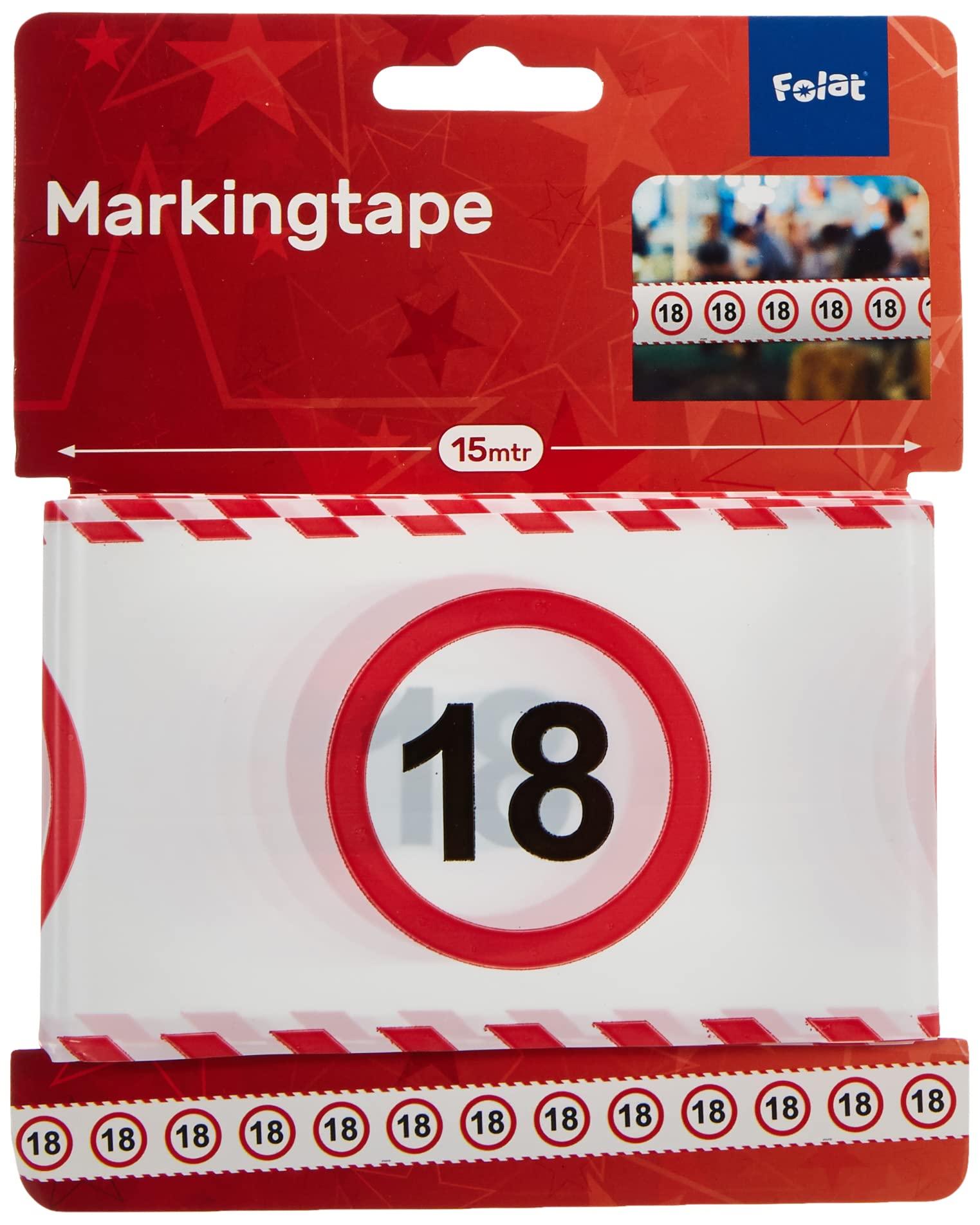 Folat 28418 Party Barrier Tape Traffic Sign 15 m Number 18, Red/White, Costumes