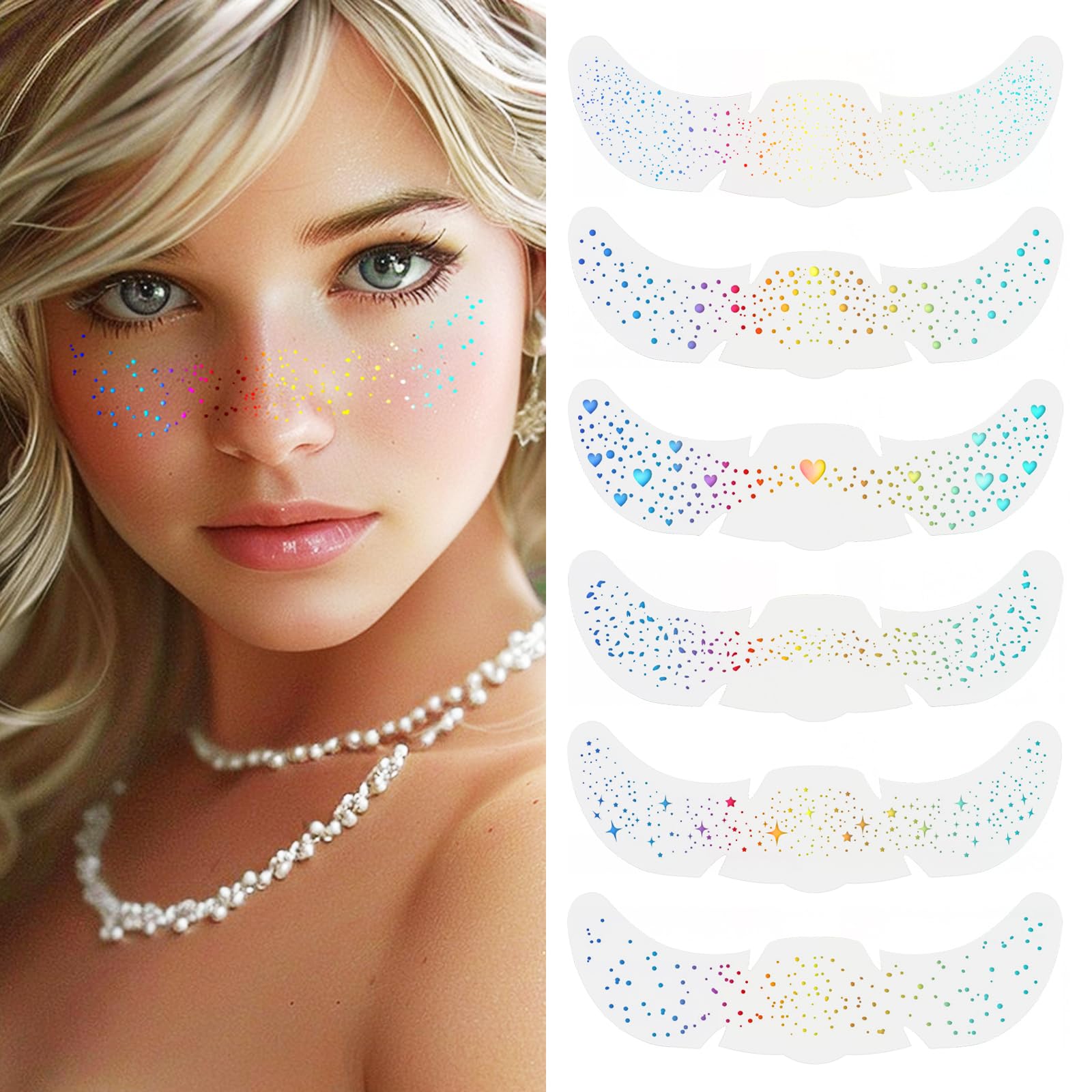 Photo 1 of Glitter Freckles Face Tattoo, Holographic Color-Changing Makeup Tattoo Patches, Waterproof and Sweatproof Sparkle Speckles Patches for Women, Cute Star Temporary Freckles Makeup Accessories 6Pcs