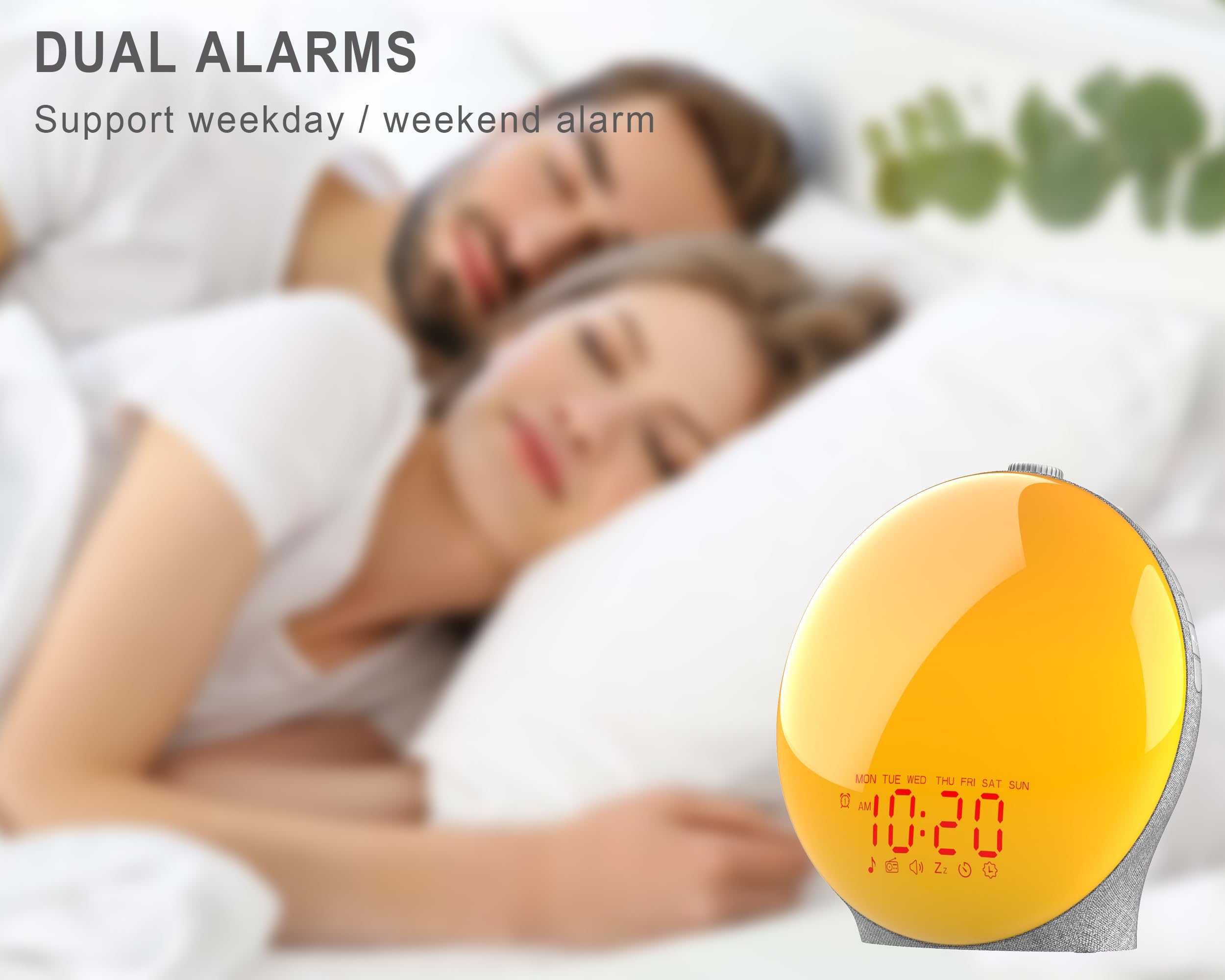 JALL Wake Up Light Sunrise Alarm Clock, Full Screen with Sunrise Simulation, Sleep Aid, Dual Alarms, FM Radio, 14 Colors, 7 Sounds, Fabric Light Gray