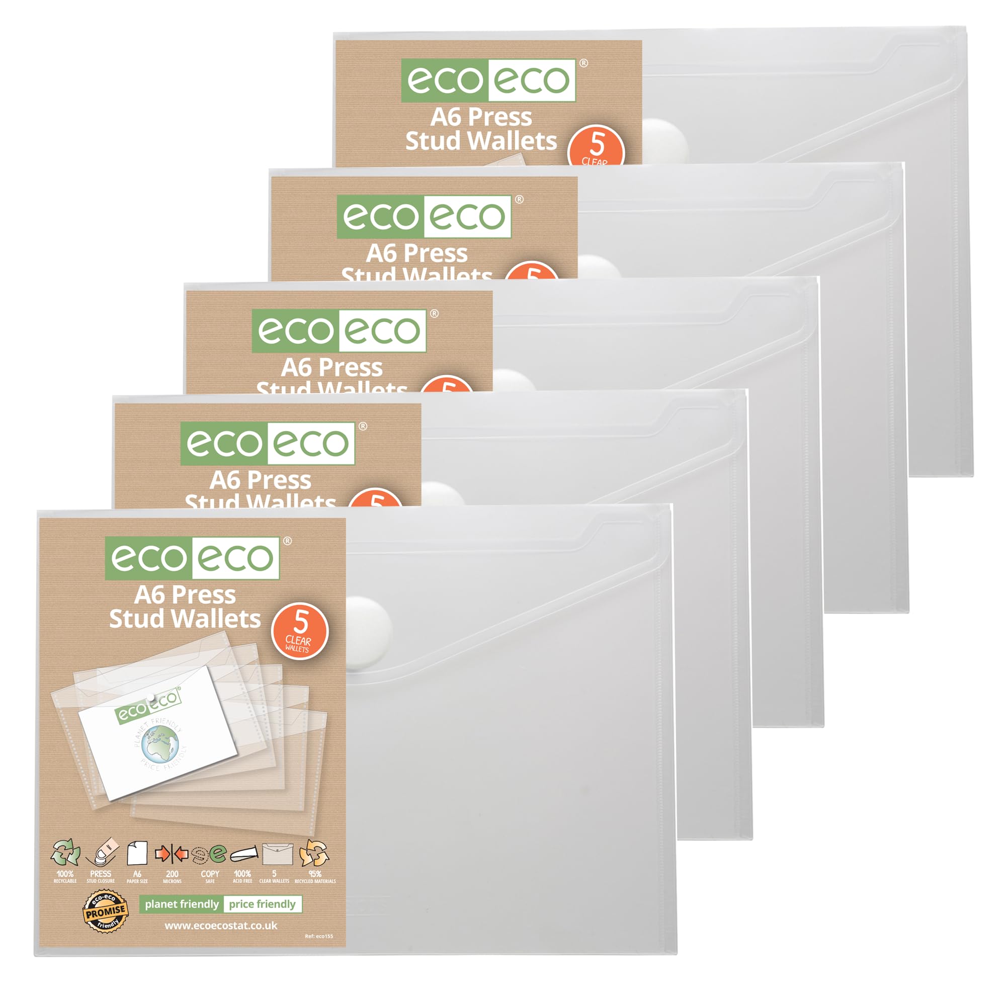 eco-eco A6 95% Recycled Clear Press Stud Popper Wallet, Plastic Folders (Pack of 25), eco155x25