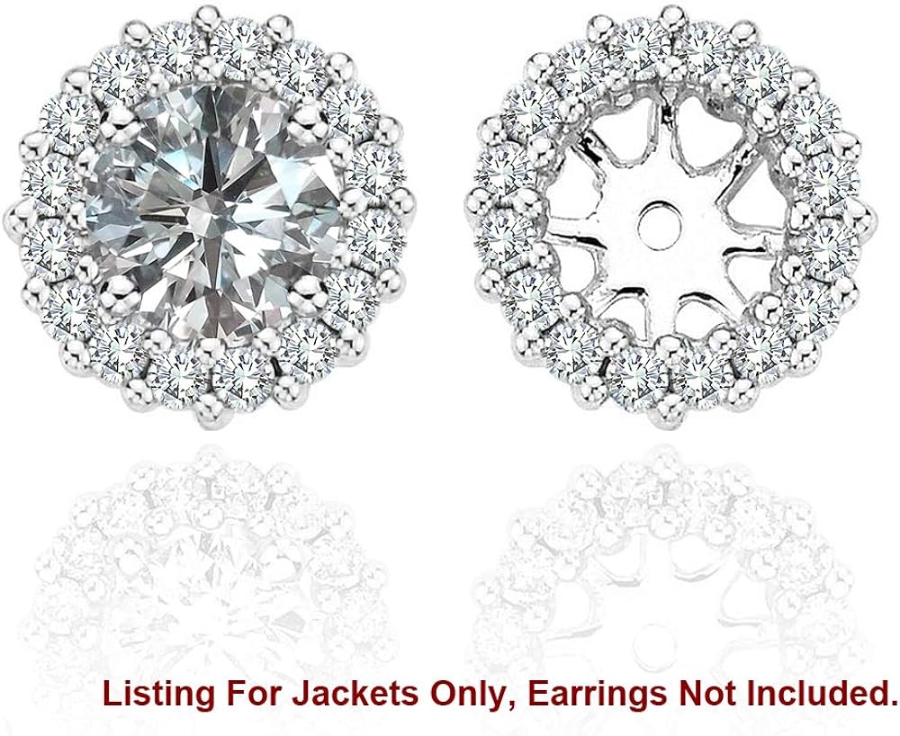 14K White Gold Halo Stud Solitaire 0.50 Carat Total Weight 0.54 Carat White Diamond Earrings Jackets For 4 MM
