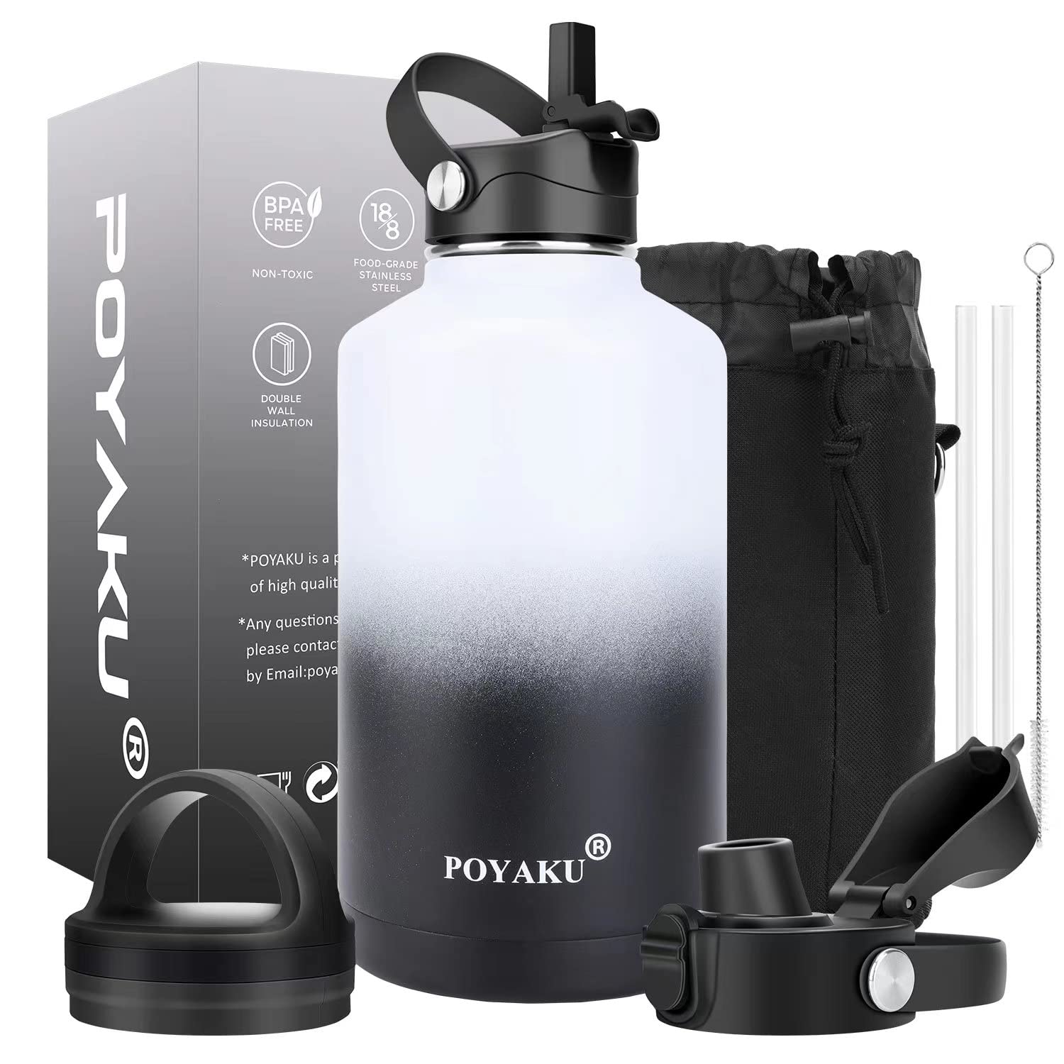 Photo 1 of Water Bottle Insulated 32oz 40oz 64oz 128oz Straw Lid Spout Lid & 3 Lids, Leak Proof, Vacuum Insulated,Stainless Steel Water Bottle Wide Mouth for Sports, Gym or Office (64oz Day & Night, 64 oz)