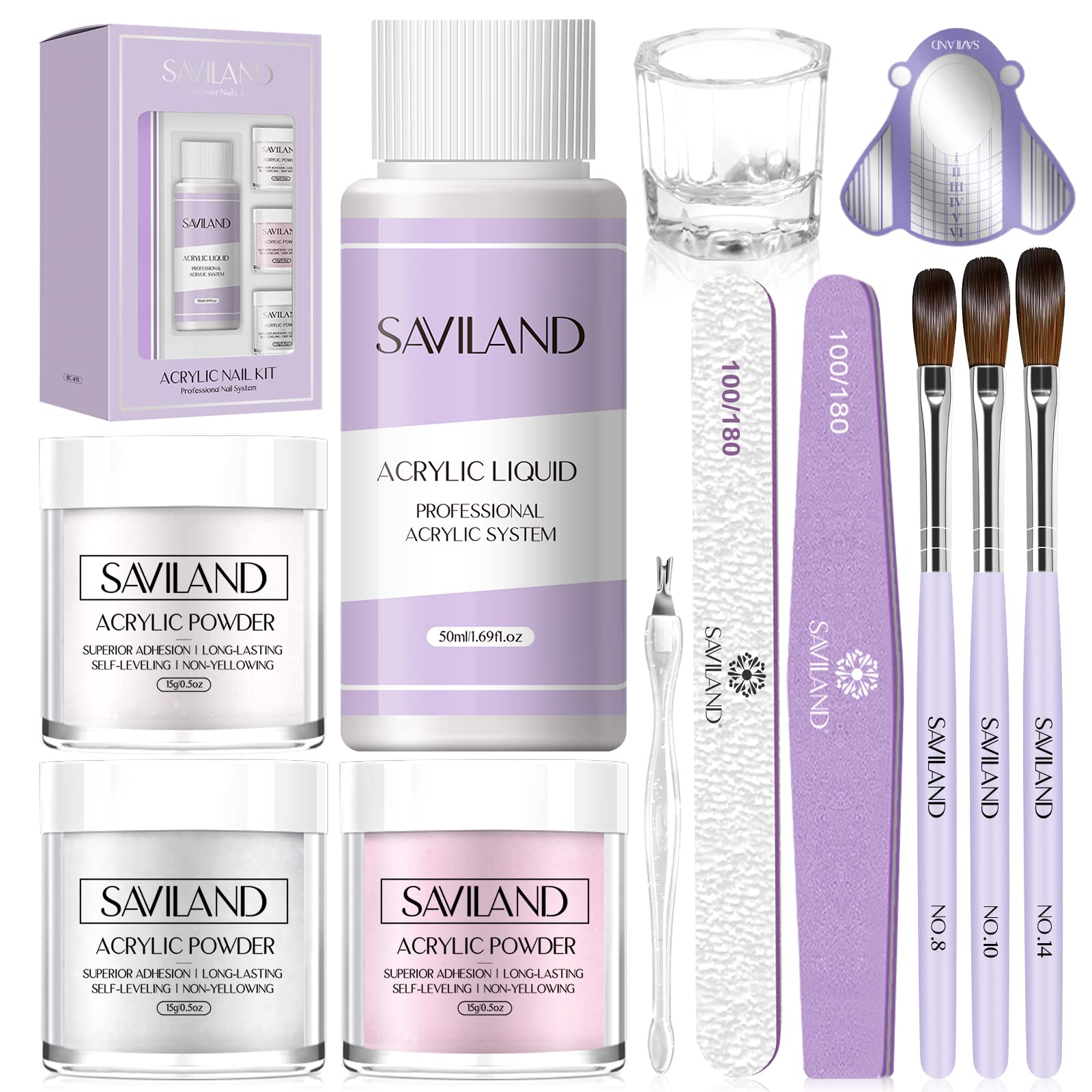 Saviland Acrylic Nail Kit: White Pink Clear Acrylic Powder and Liquid Set with 3 Sizes Nail Brush/Nail File/Nail Forms/Dappen Dish for Beginners