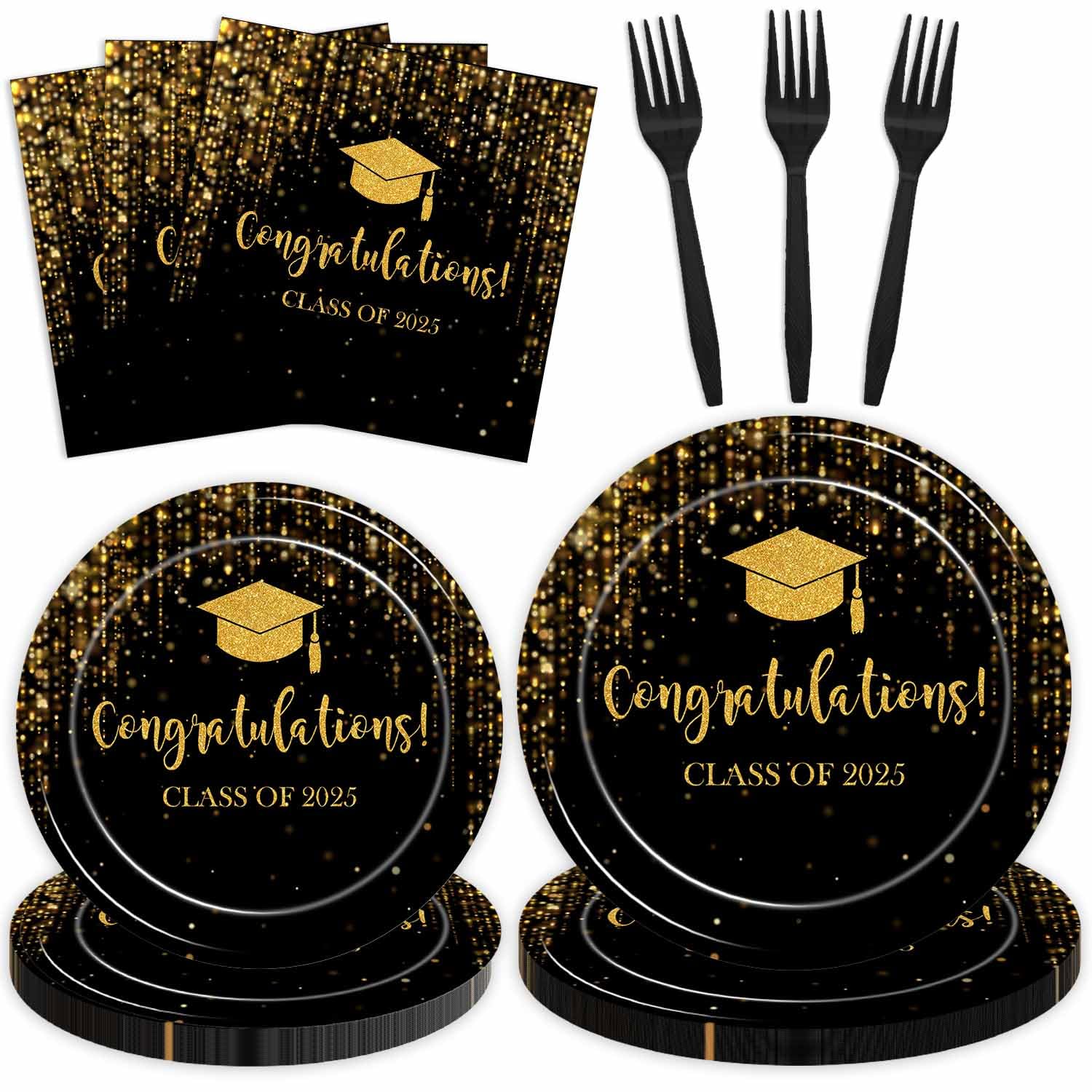 Photo 1 of Joliaco 96 Pcs Class of 2025 Graduation Party Tableware Set Black Gold Glitter Bokeh Congrats Grad Disposable Paper Plates and Napkins 2025 Graduation Prom Party Supplies for 24 Guests (Black Gold)