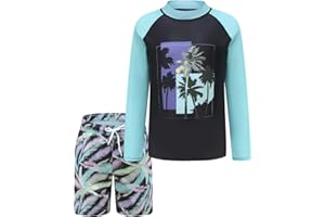 AISYEE Boys Two Piece Rash Guard Swimsuits Set with Swim Trunk Kids Long Sleeve Bathing Suit Swimwear Set