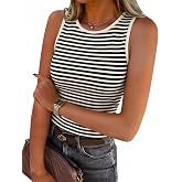 COCCKO Tank Top for Women 2026 Summer High Neck Sleeveless Striped Shirt Button Hollow Back Fitted Knit Camisole Tops