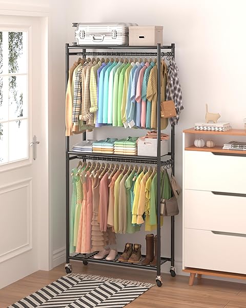 SAKUGI CLOTHES RACK – 33.0″ X 12.2″ X 79.5″ CLOTHING RACK WITH SHELVES & WHEELS, MULTI-FUNCTIONAL WARDROBE CLOSET WITH HOOKS, STURDY METAL GARMENT RACK FOR BEDROOM, LAUNDRY, BALCONY (BLACK)