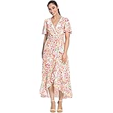 London Times Women's Short Flutter Sleeve Faux Wrap High-Low Maxi Dress with Cascading Flounce