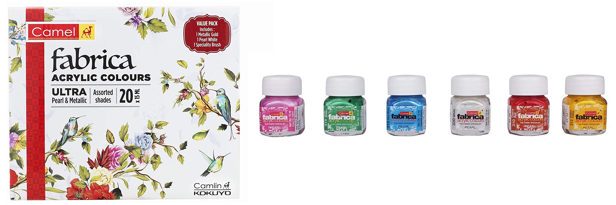 Camel Camlin Kokuyo Fabrica Acrylic Pearl Color - 10ml Each, 6 Shades & Camel Fabrica Acrylic Ultra Pearl and Metallic Colour Set - Pack of 20 (White)