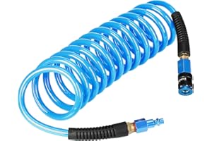 EADUTY Heavy Duty Polyurethane Recoil Air Hose 1/4 in x 10 ft, Lightweight, Flexible Compressor Hose with Universal Quick Coupler, Plug and Bend Restrictors, Blue