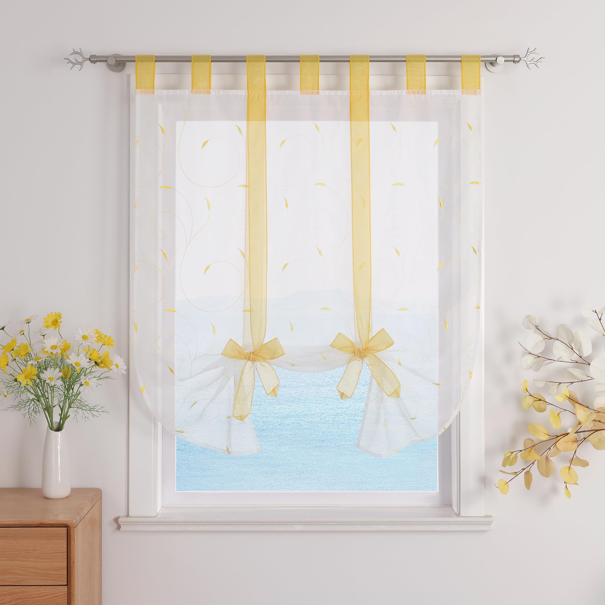 ESLIR Roman Blind with Loops, Roman Curtains, Kitchen Tie Curtain, Transparent Tab-Top Blind, Curtains with Embroidery, Modern Voile, Yellow, W x H 120 x 140 cm, Pack of 1
