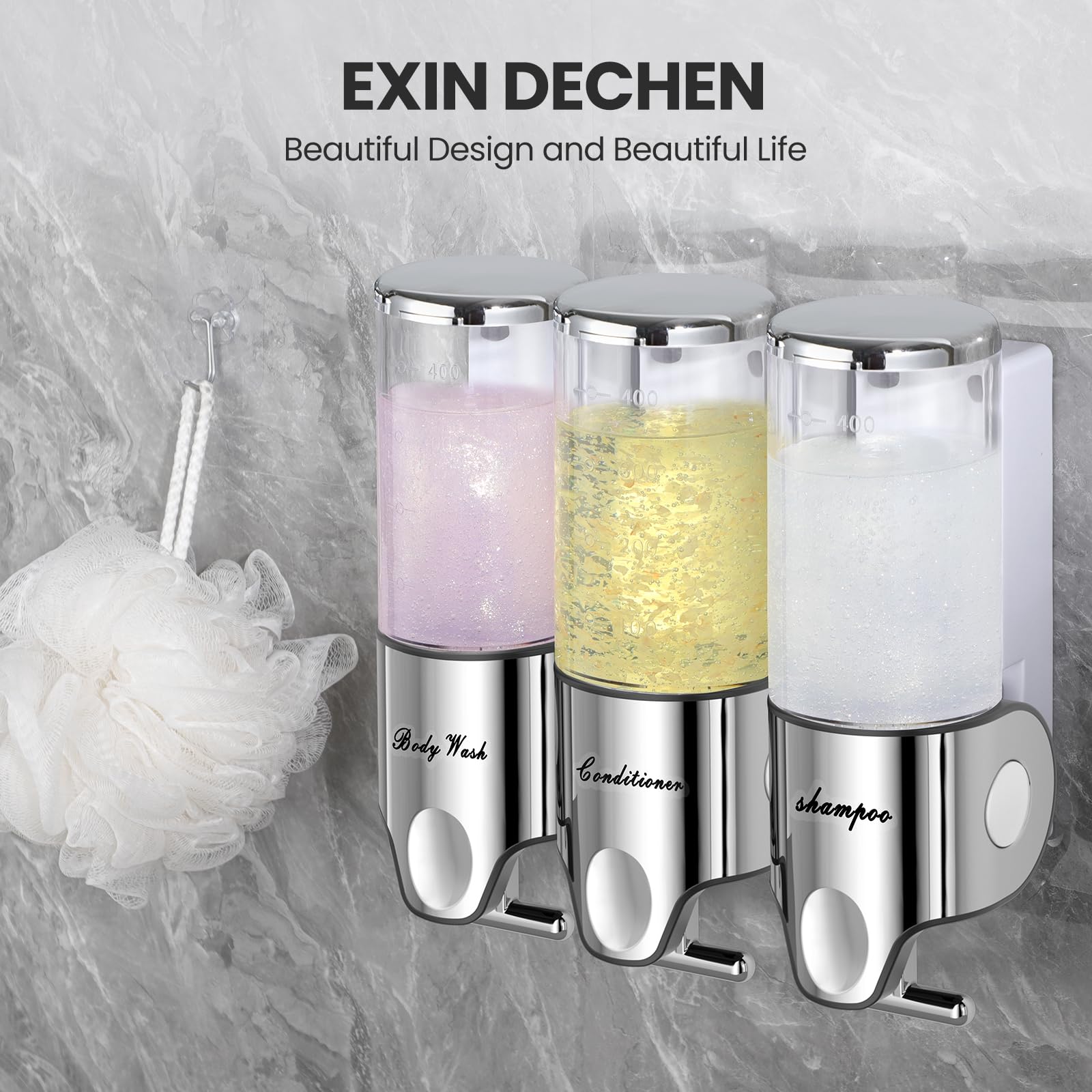 Shampoo and Conditioner Dispenser,Dispensers for The Shower,Shower Soap Dispenser 3 Chamber No Drill,Shampoo Conditioner Body Wash Dispenser Wall Mount for Bathroom(Triple x 17.6 oz,Clear)