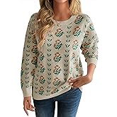 Saodimallsu Womens Long Sleeve Floral Sweaters Fall Crew Neck Casual Loose Knitted Pullover Tops
